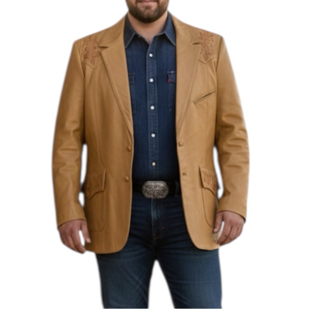 Vintage The Leather Factory Pharr Texas Embroidered Tan Leather Jacket Size 44